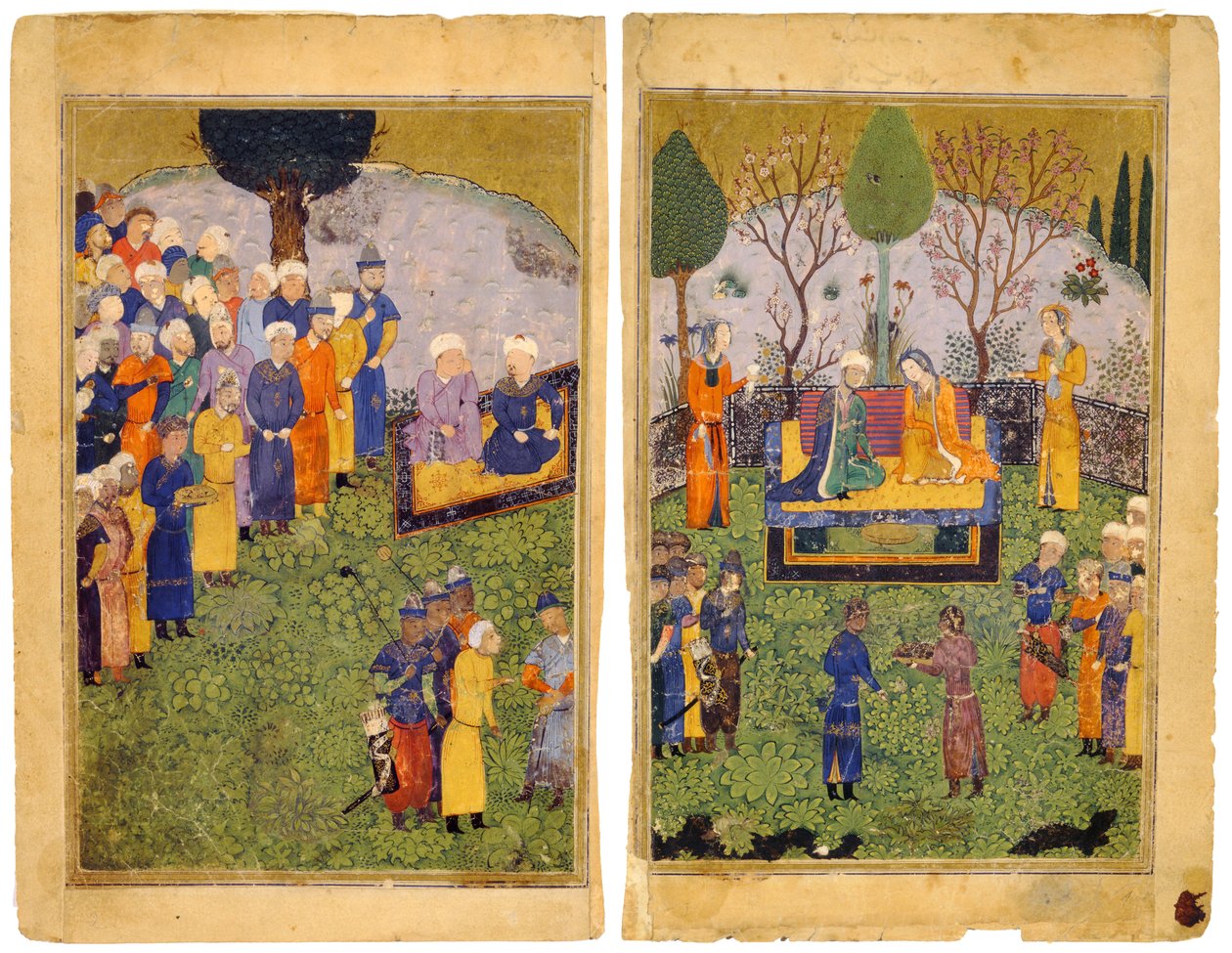 Een prinselijk paar met hovelingen in een tuin. Uit het Shahnama Boek der Koningen door Iranian Master