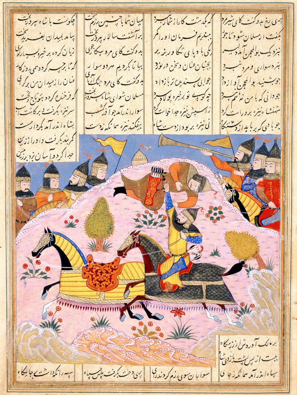 Malik tilt Abul Mihjan uit het zadel. Uit Khavarannama Het Boek van het Oosten van ibn Husam al-D door Iranian Master