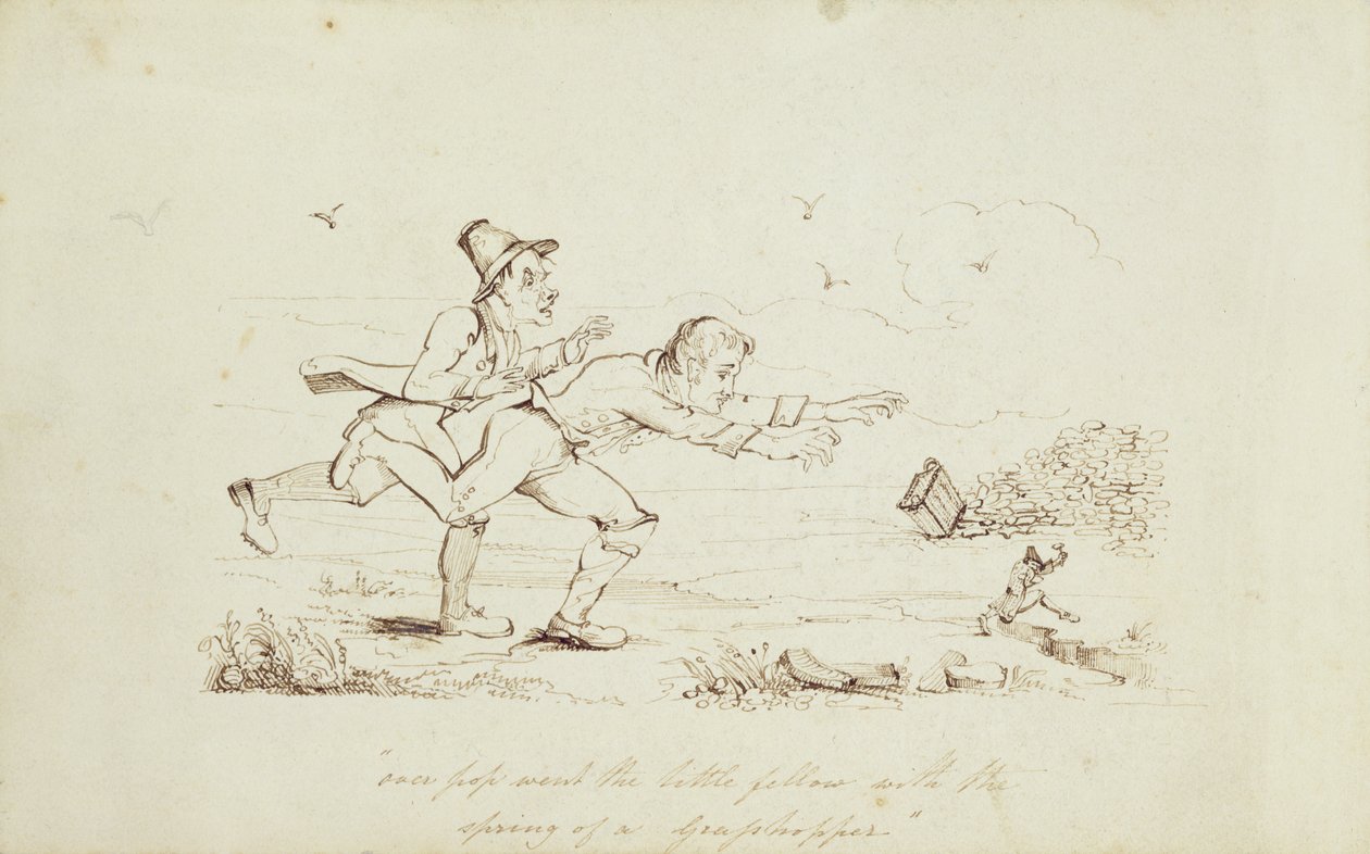 Over Pop Ging de Kleine Kerel met de Sprong van een Sprinkhaan, boekillustratie die Twee Ieren Achtervolgen een Leprechaun toont, 19e eeuw door Irish School