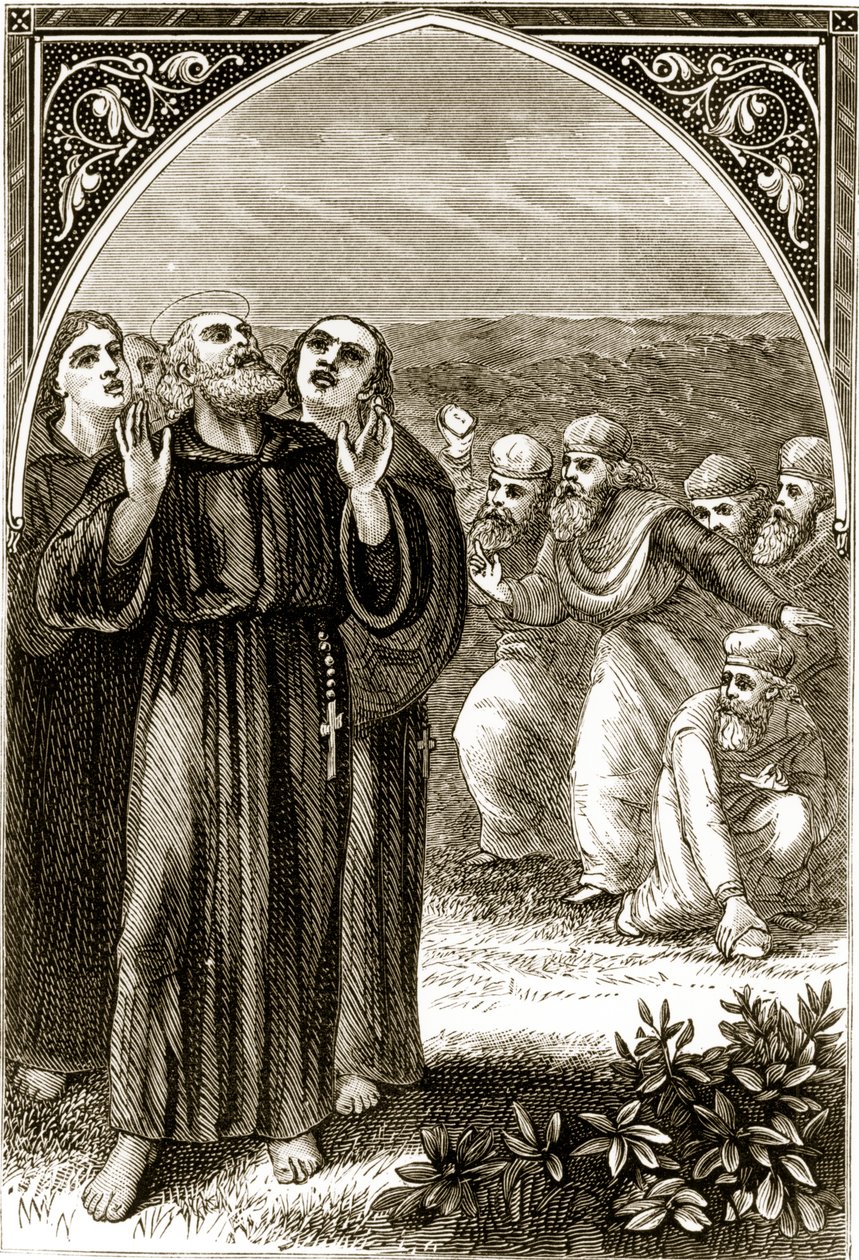 St. Columba zingt en wordt aangevallen door de Druïden, uit The Trias Thaumaturga, of Three Wonder-Working Saints of Ireland, door Mary Cusack, gepubliceerd ca. 1890s door Irish School