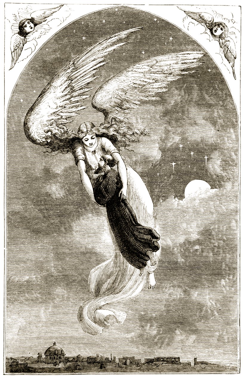 St. Patrick naar Rome gedragen door de engel, uit The Trias Thaumaturga, of Three Wonder-Working Saints of Ireland, door Mary Cusack, gepubliceerd ca. 1890s door Irish School