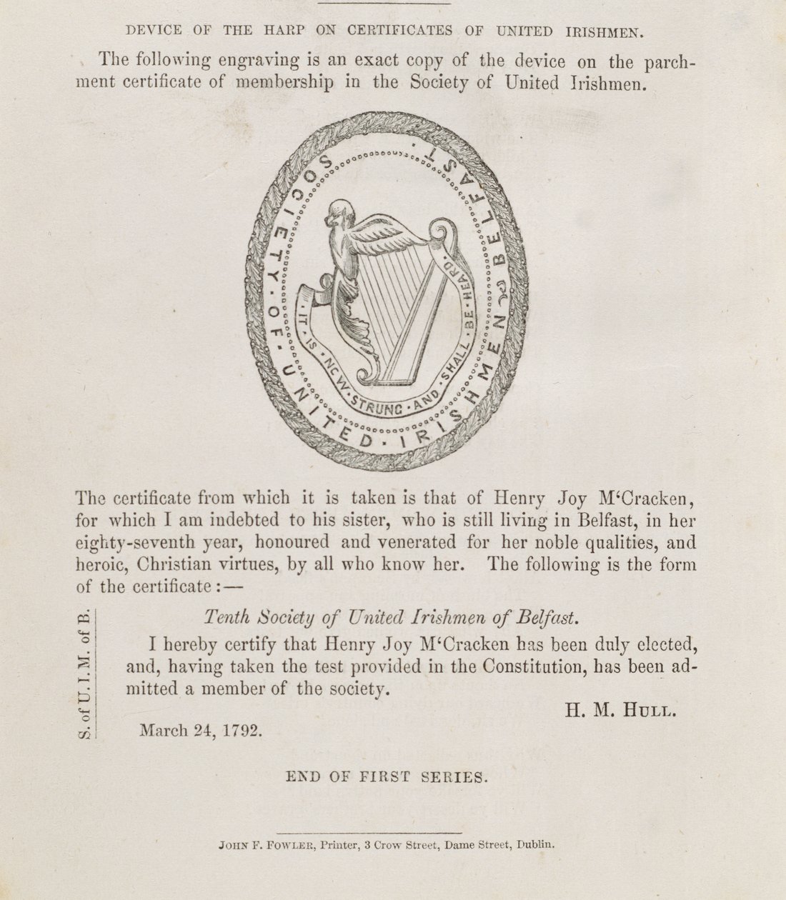 Het zegel van de Vereniging van Verenigde Ieren van Belfast, ca. 1792 (gravure) door Irish School