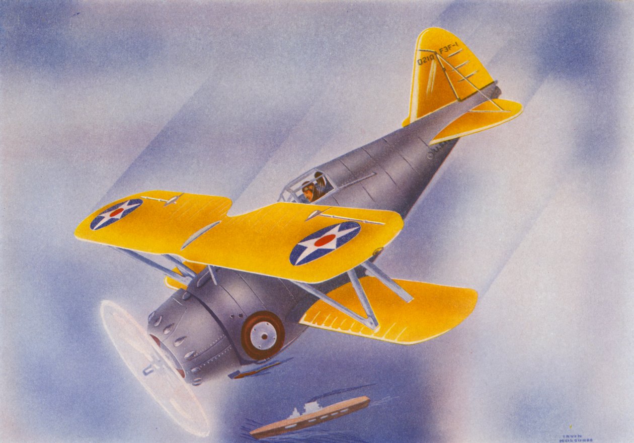 Grumman jachtvliegtuig (kleurenlitho) door Irvin L. Holcombe