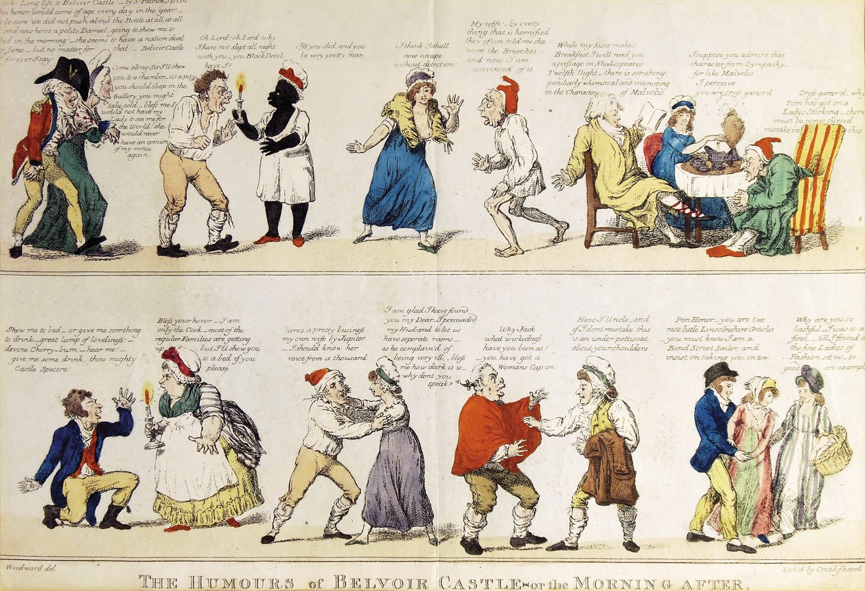 Karikatuur die het losbandige meerderjarigheidsfeest van de 5e Hertog van Rutland afbeeldt, 1799 door Isaac Cruikshank