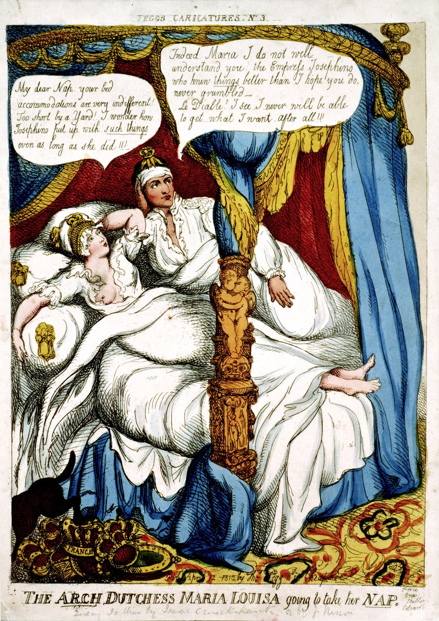 De Aartshertogin Maria Louisa gaat haar dutje doen, karikatuur over het huwelijk van Napoleon en Maria Louisa, gepubliceerd 12 april 1810 door Isaac Cruikshank