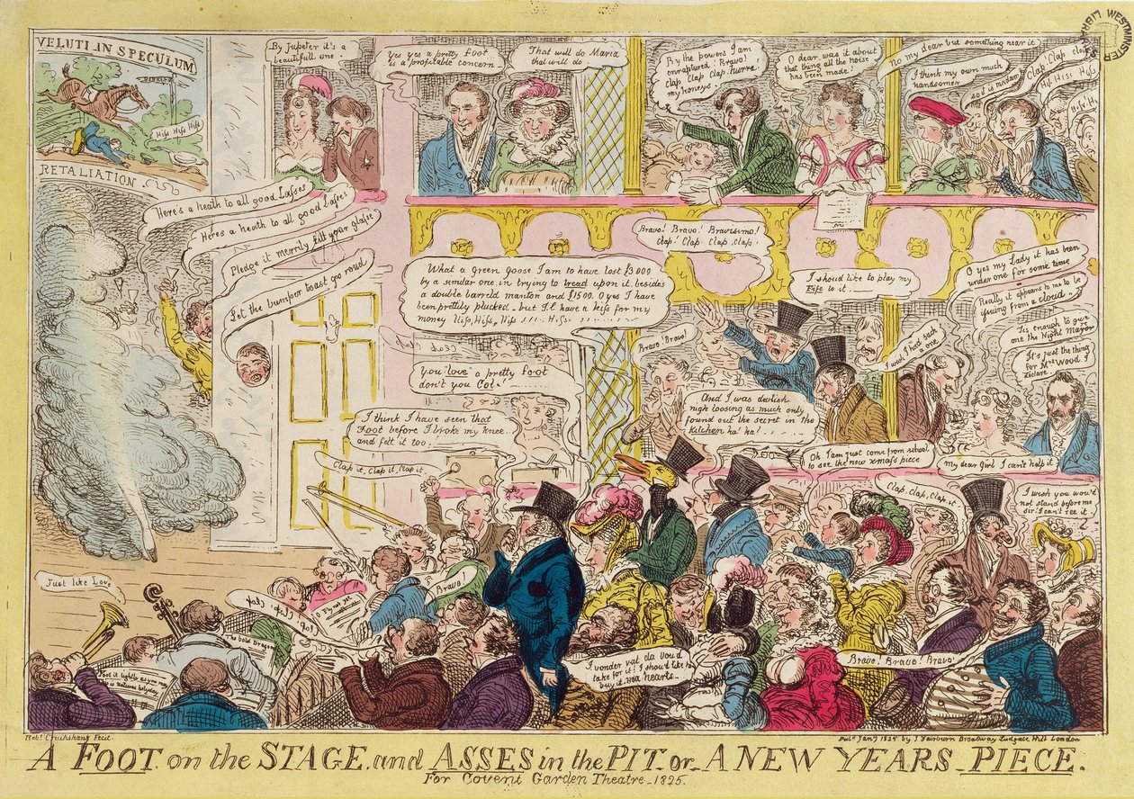 Een voet op het podium en ezels in de put, of een nieuwjaarsstuk voor Covent Garden Theatre, 1825 door Isaac Robert Cruikshank