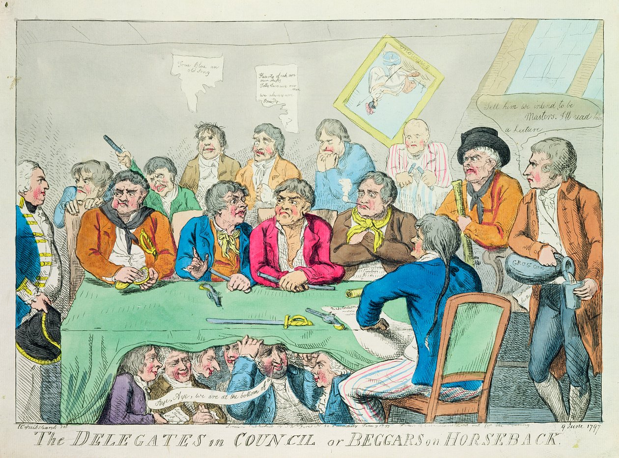 De afgevaardigden in raad of bedelaars te paard, 1797 (kleur ets) door Isaac Robert Cruikshank