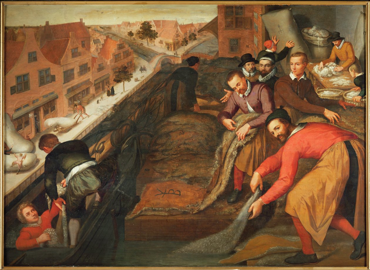 Arbeiders wassen en sorteren wol, ca 1600 (olieverf op hout) door Isaac Claesz Swanenburgh