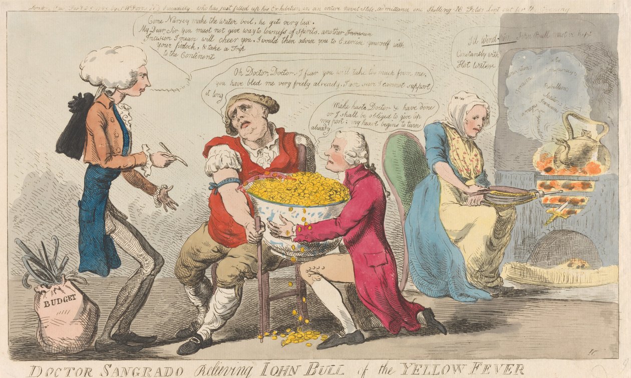 Doktor Sangrado befreit John Bull vom Gelbfieber door Isaac Cruikshank