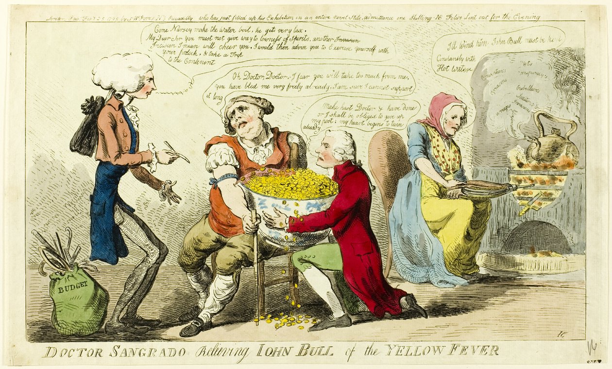 Dr. Sangrado verlost John Bull van gele koorts door Isaac Cruikshank