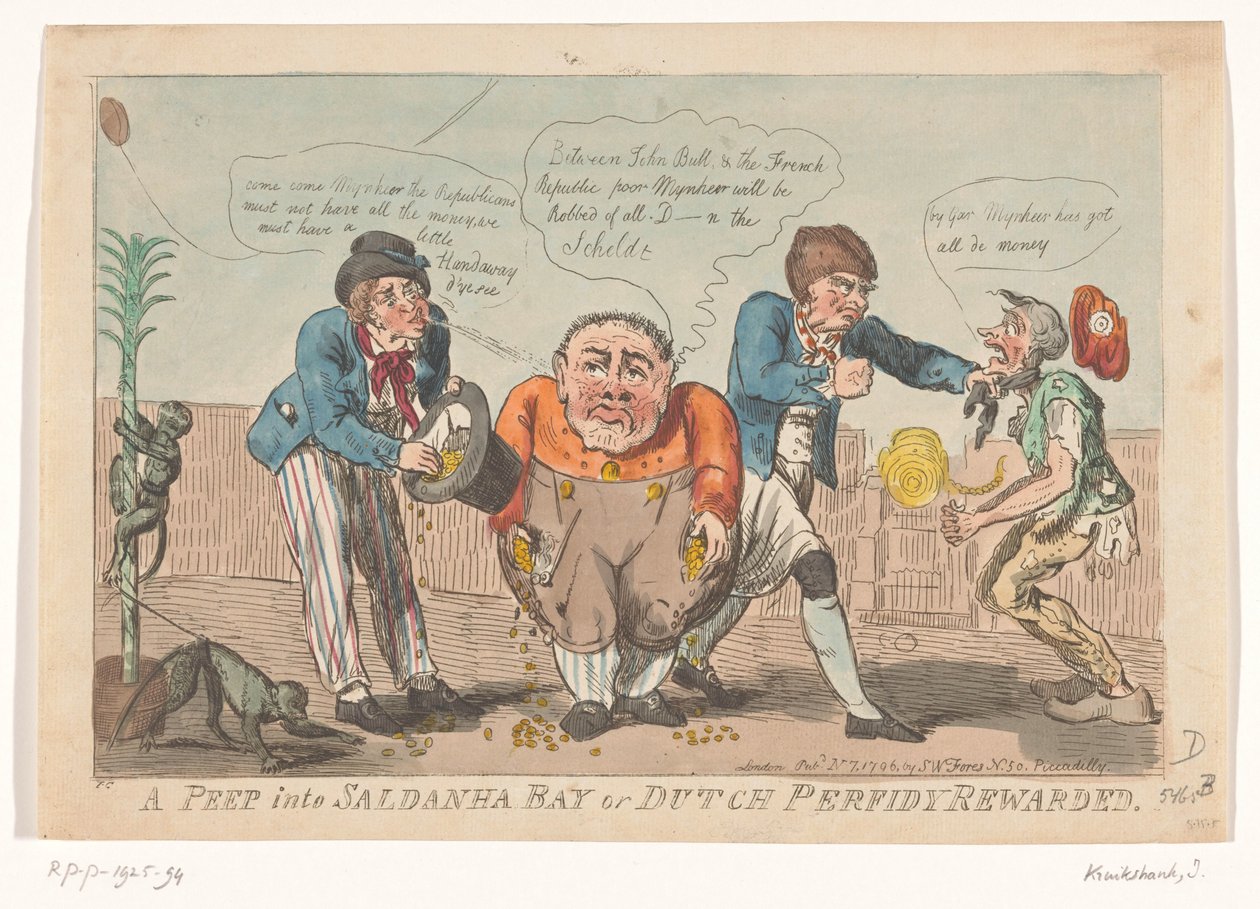 Spotprent op de capitulatie van de Bataafse vloot in de Saldanhabaai, 1796 door Isaac Cruikshank
