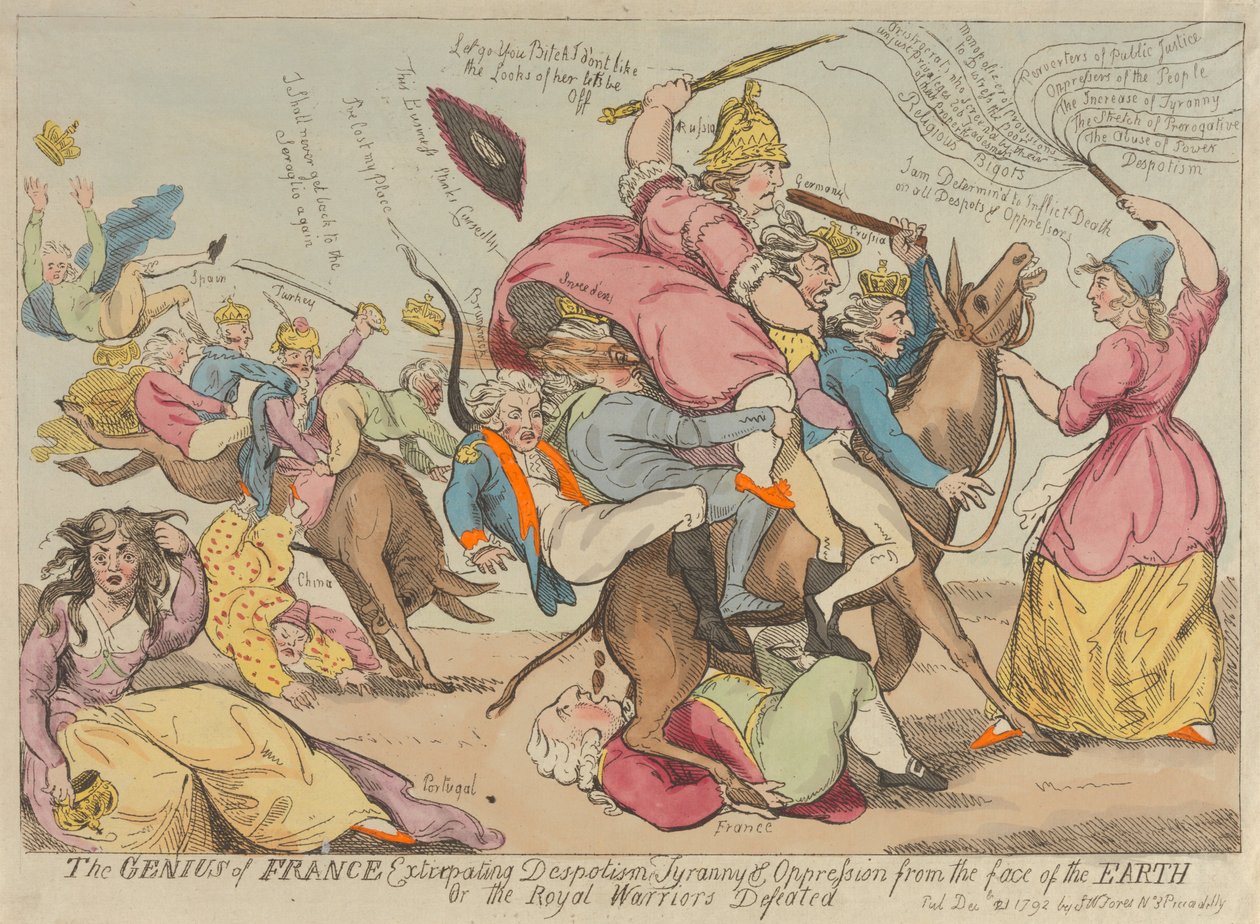 Der Genius Frankreichs, der Despotismus, Tyrannei und Unterdrückung von der Erde vertreibt door Isaac Cruikshank