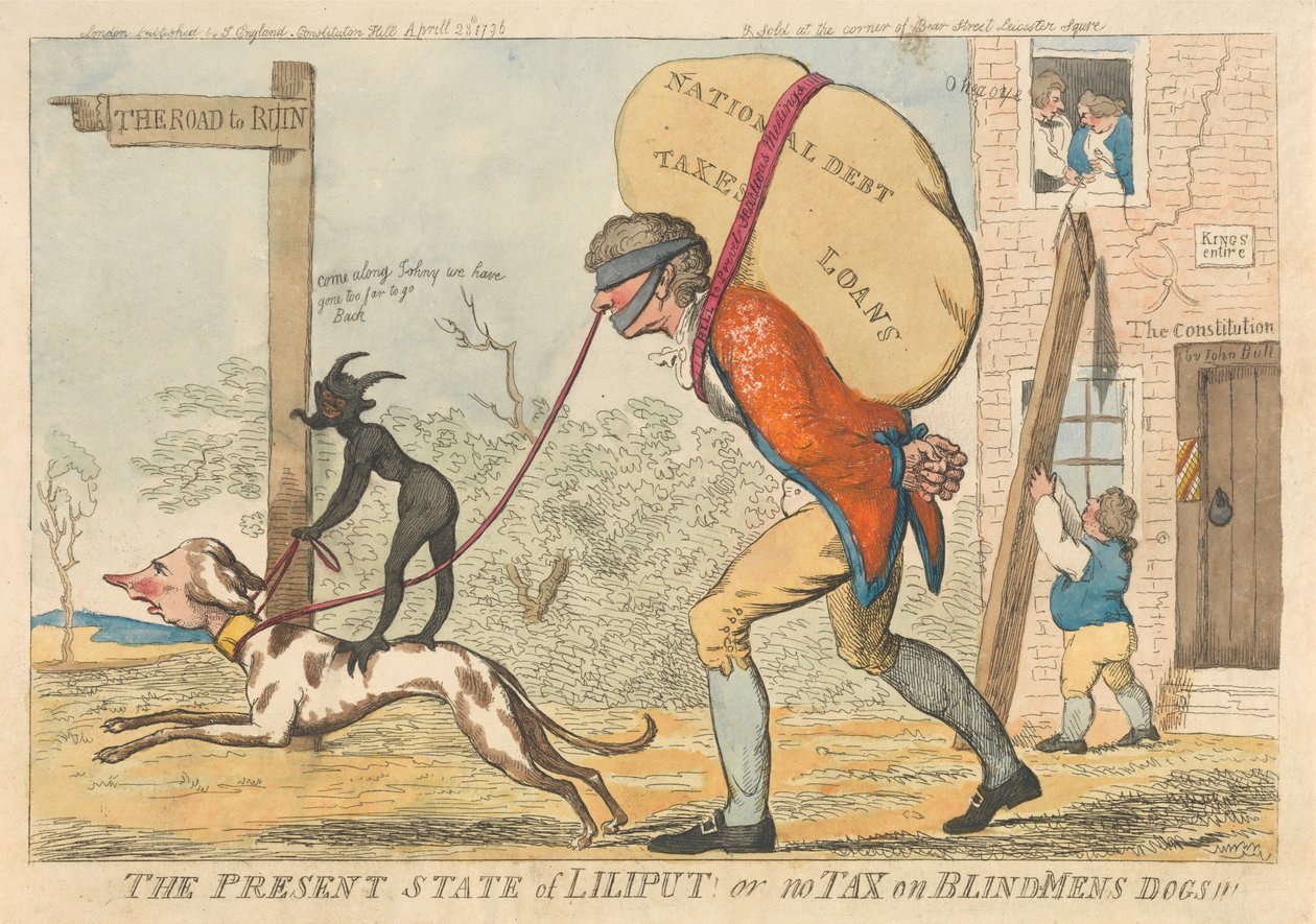 Der gegenwärtige Zustand von Liliput oder Keine Steuer auf Blindenhunde door Isaac Cruikshank