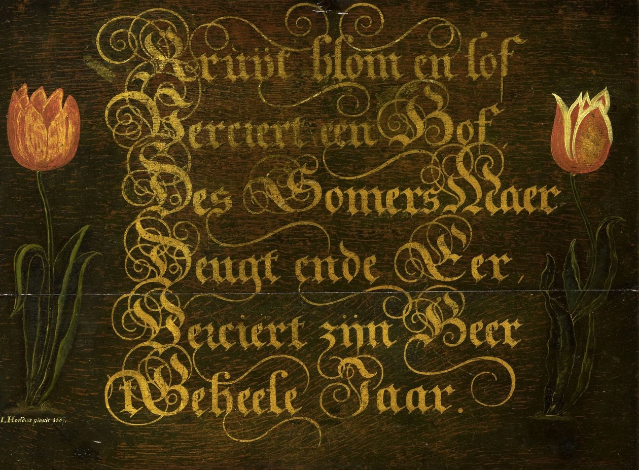 Een kalligrafisch maxim, geflankeerd door tulpen door Isaac Hondius