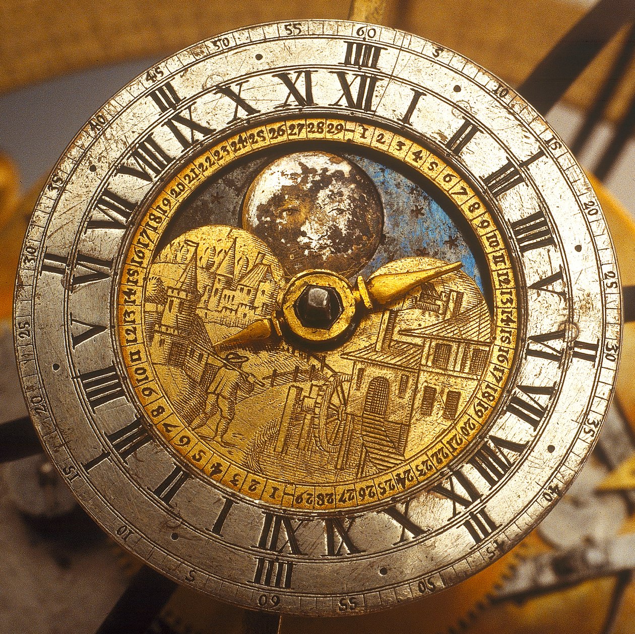Wijzerplaat detail van hemelse klokwerk globe door Isaac III Habrecht