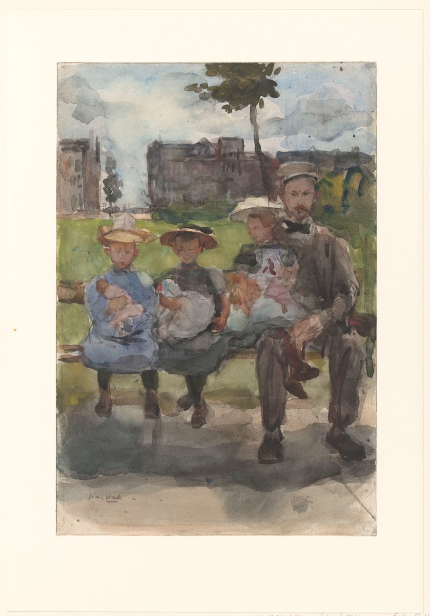 Een man met drie meisjes op een bank in het Oosterpark in Amsterdam door Isaac Israels