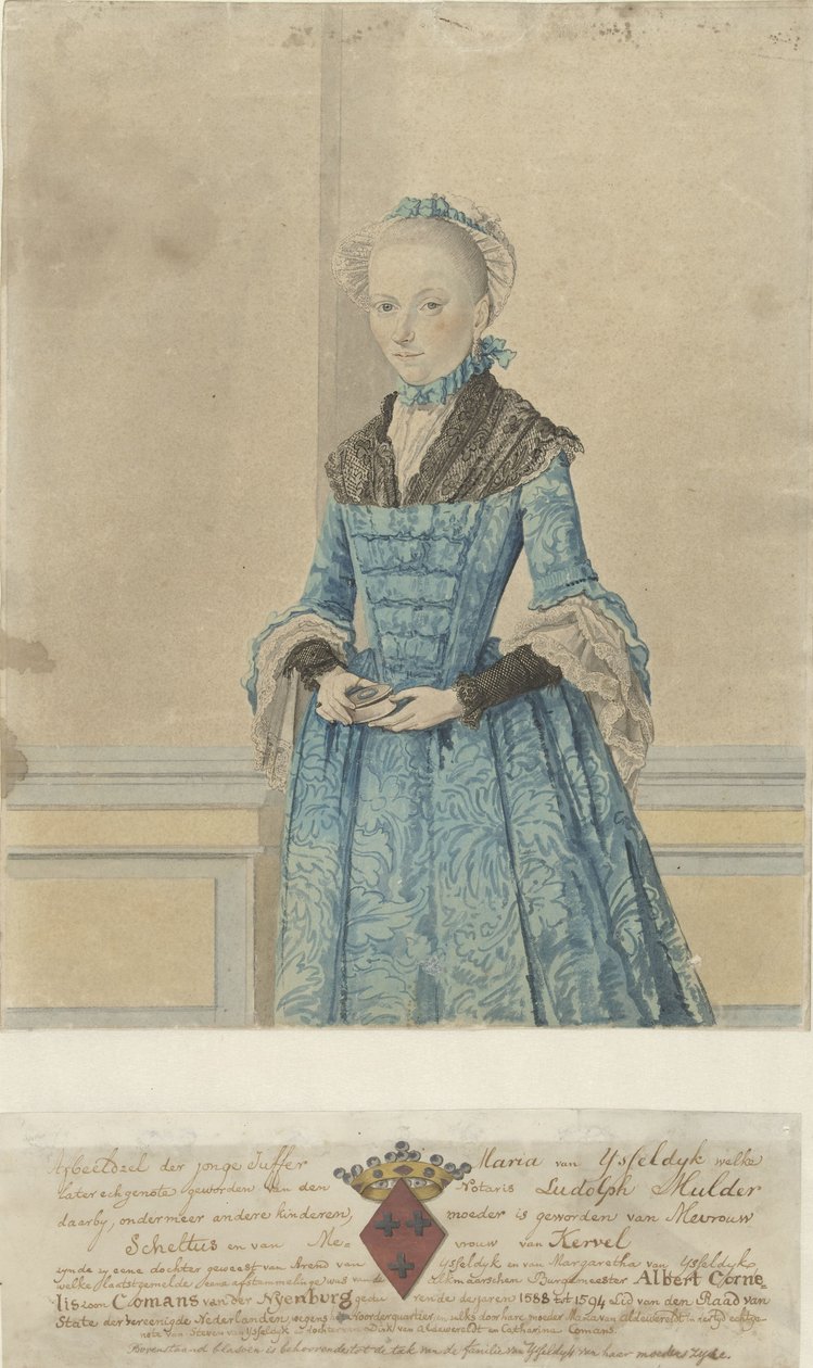Portret van Maria van IJsseldijk, staand kniestuk door Isaac Lodewijk la Fargue van Nieuwland