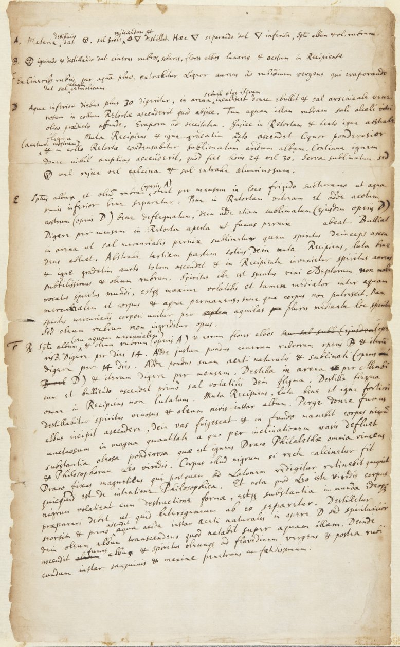Verslag van een experiment in zes fasen beginnend met distillatie gevolgd door verbranding, verdere distillatie, decoctie, calcinatie en sublimatie, ca. 1700 door Isaac Newton