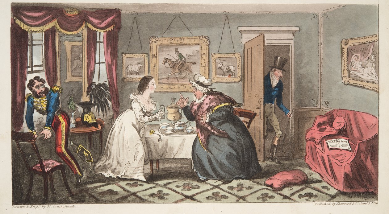Een bad beau en fragiele belle of de heer B. en juffrouw L., uit The English Spy, uitgegeven 1824 door Isaac Robert Cruikshank