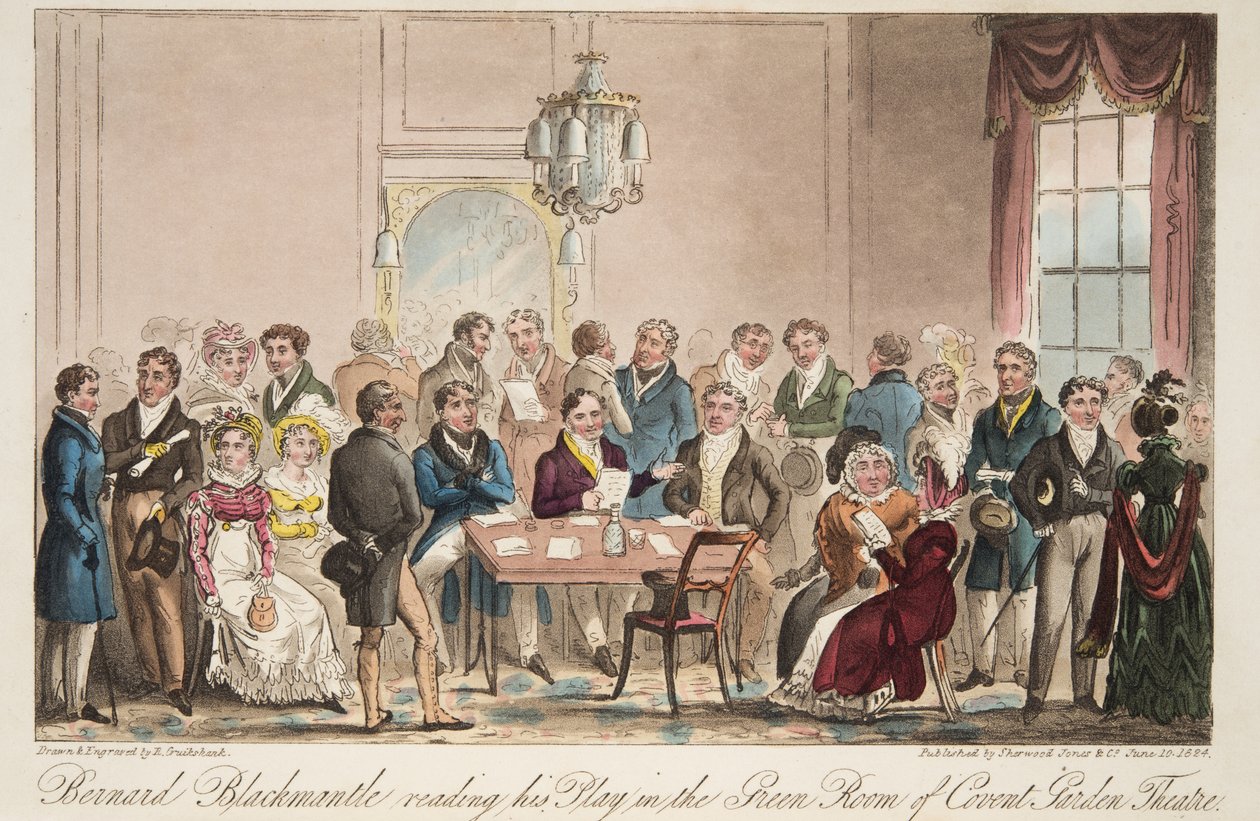 Bernard Blackmantle leest zijn toneelstuk in de Groene Kamer van het Covent Garden Theatre, uit The English Spy, gepubliceerd 1824 door Isaac Robert Cruikshank