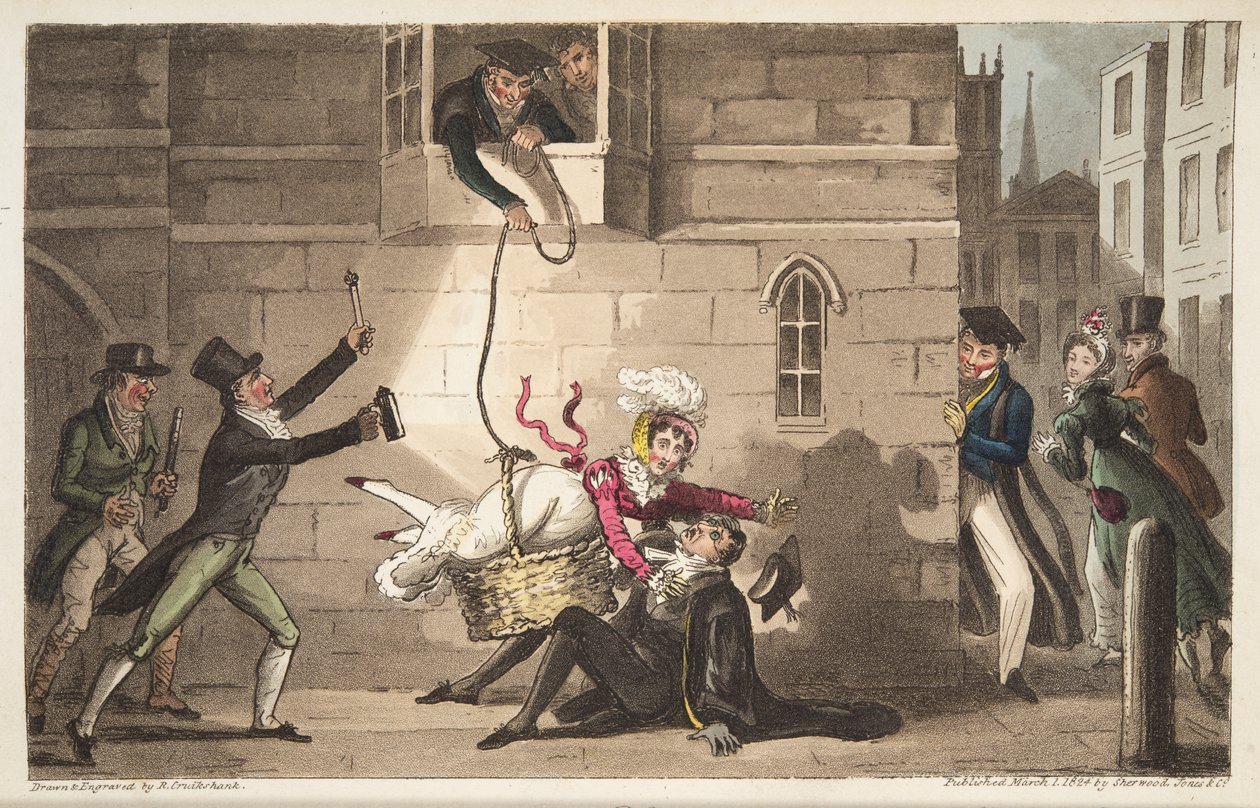 Een proctor begroeten, of Oxford bulldogs die brutale smokkelaars detecteren, uit The English Spy, gepubliceerd Londen, 1824 door Isaac Robert Cruikshank