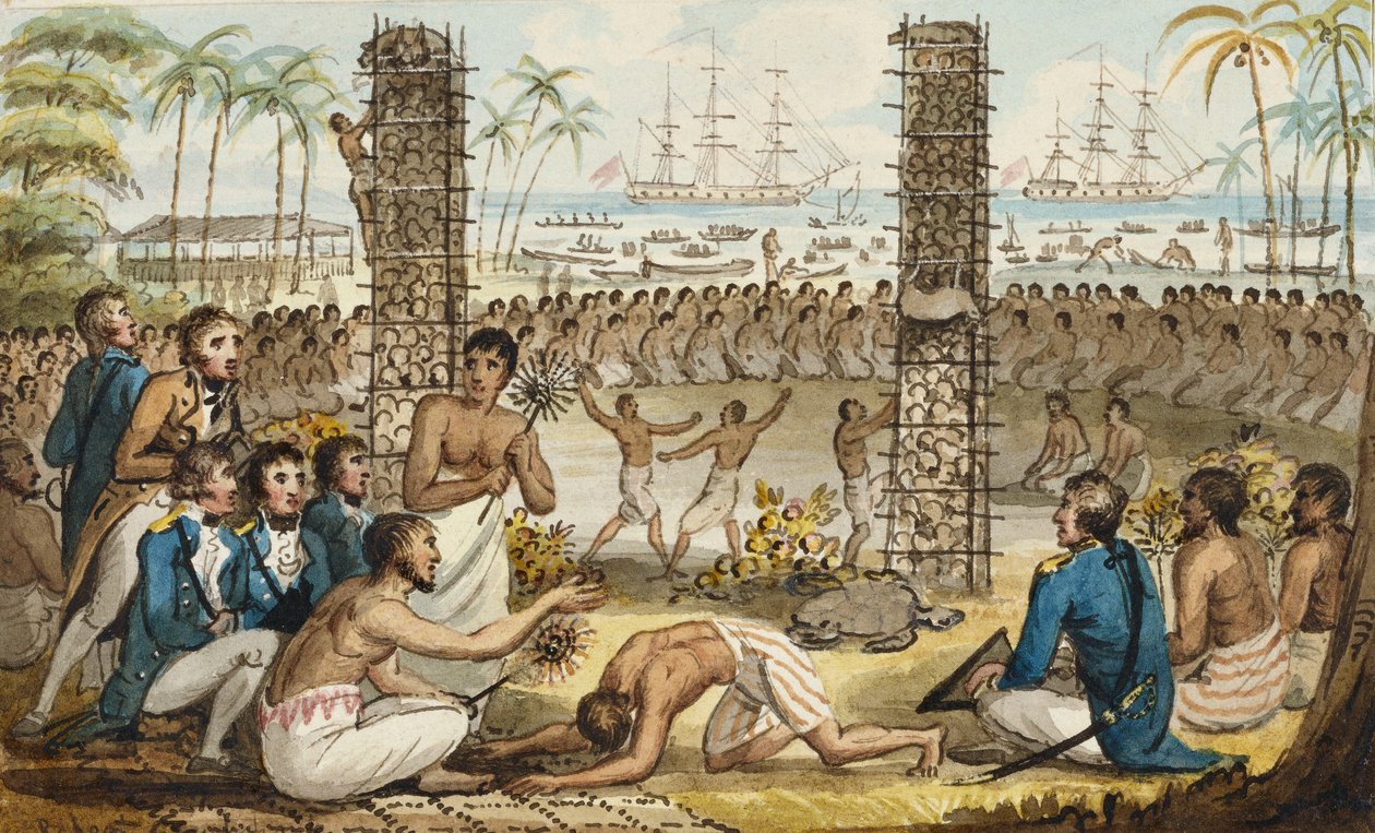 Kapitein Cook op het Eiland Otaheite, uit de Reizen van Kapitein Cook door Isaac Robert Cruikshank