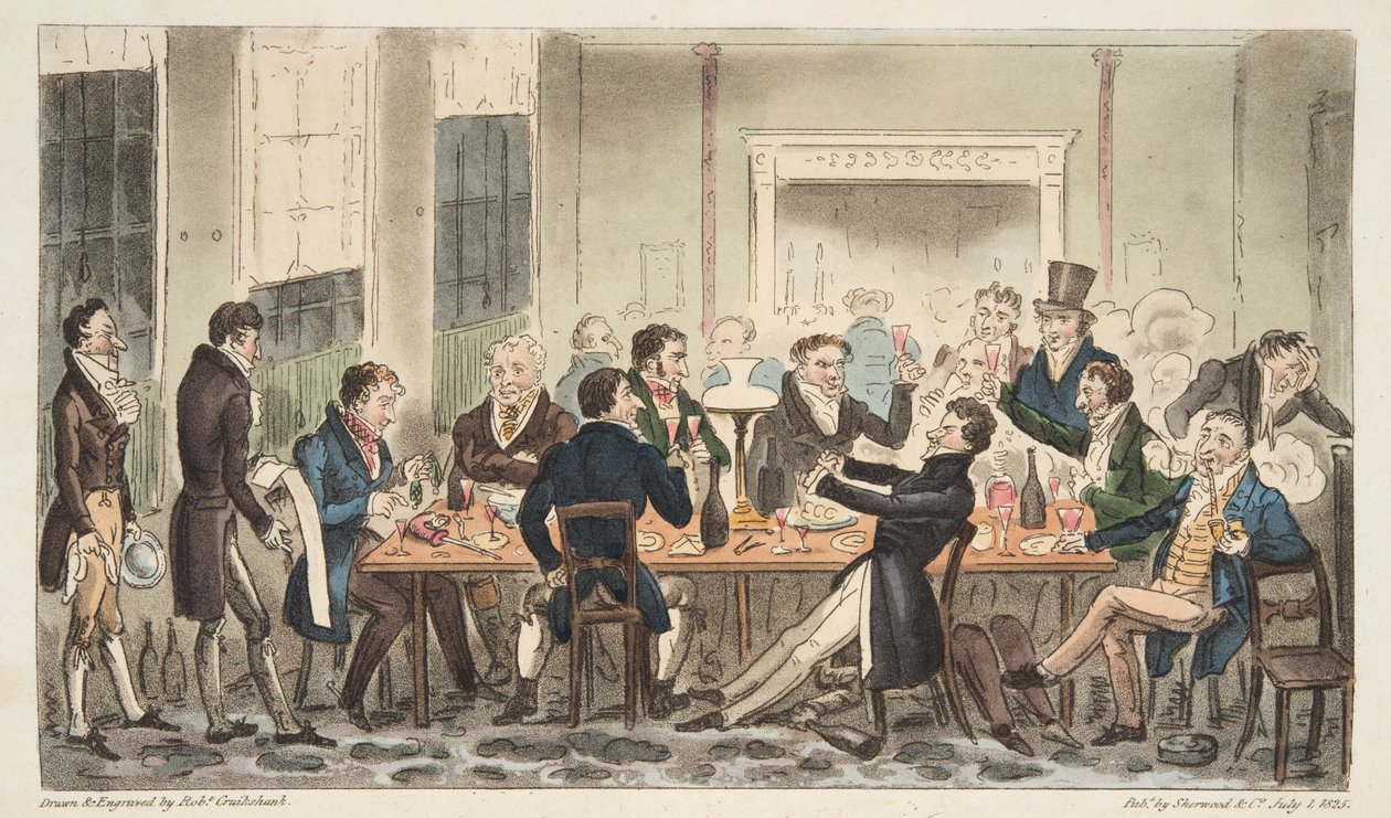 Avond en in Hoge Stemming, een scène in Longs Hotel, Bond Street, uit The English Spy, gepubliceerd 1824 door Isaac Robert Cruikshank