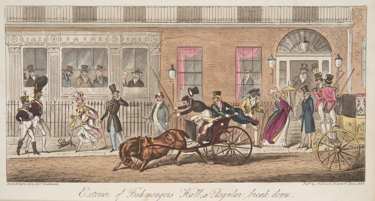 Exterieur van Fishmongers Hall, St James Street, met een uitzicht op een regelmatige instorting, uit The English Spy, uitgegeven 1824 door Isaac Robert Cruikshank