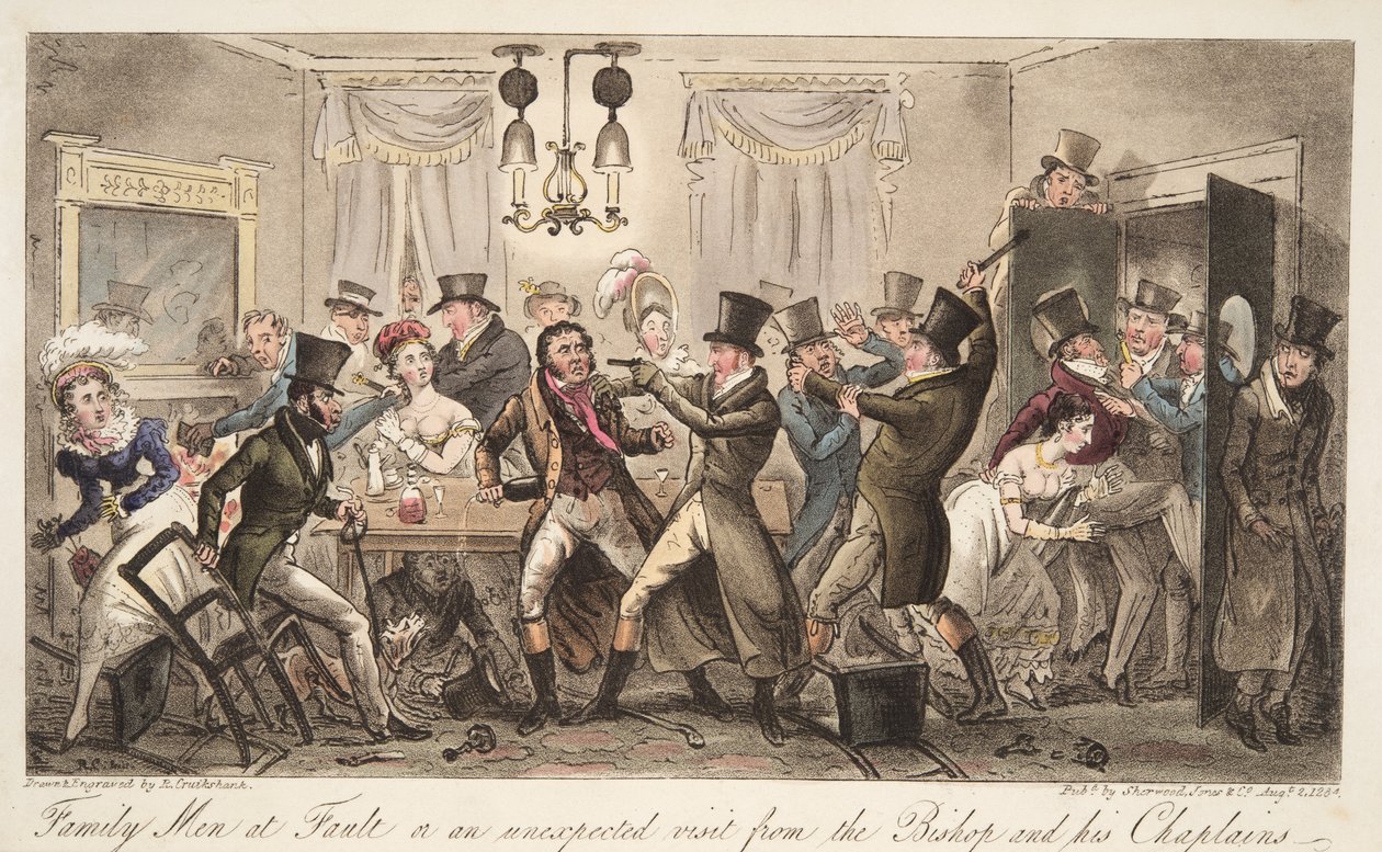 Familie mannen in de fout, of een onverwacht bezoek van de bisschop en zijn kapelaans, uit The English Spy, uitgegeven 1824 door Isaac Robert Cruikshank