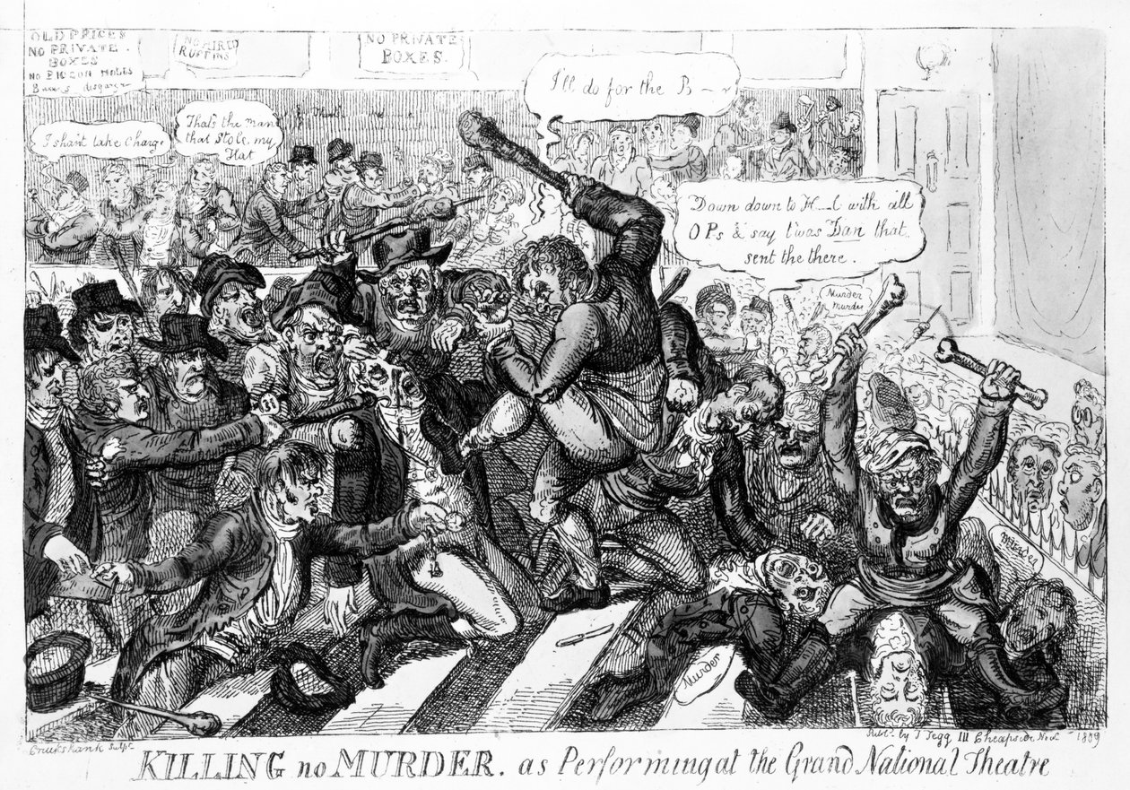 Killing no Murder, uitgevoerd in het Grand National Theatre, 1809 door Isaac Robert Cruikshank