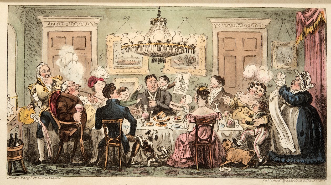 Liston en de Lammetjes of het dinerfeest van de burgers, uit The English Spy, uitgegeven 1824 door Isaac Robert Cruikshank