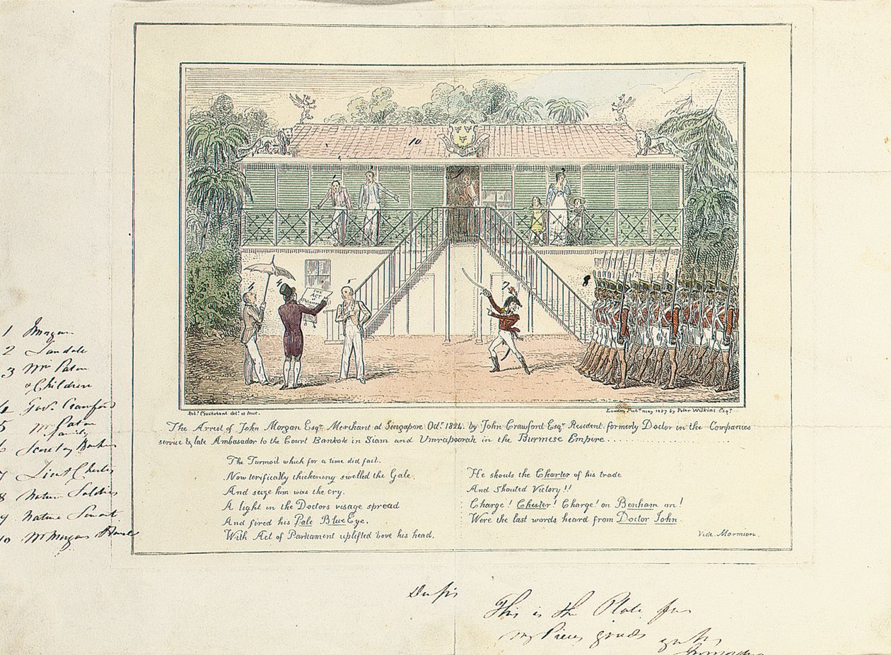 De arrestatie van John Morgan, Esq., koopman, Singapore, oktober 1824, door John Crawford Esq., resident, voormalig arts in dienst van de Compagnie, late ambassadeur aan het hof, Bangkok, Siam, en Umrapoorah, Birmaanse Rijk, mei 1827 door Isaac Robert Cruikshank