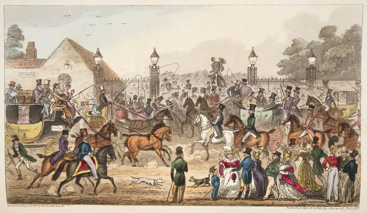 De aankomst, of westelijke ingang naar Cockney Land, uit The English Spy, uitgegeven 1824 door Isaac Robert Cruikshank