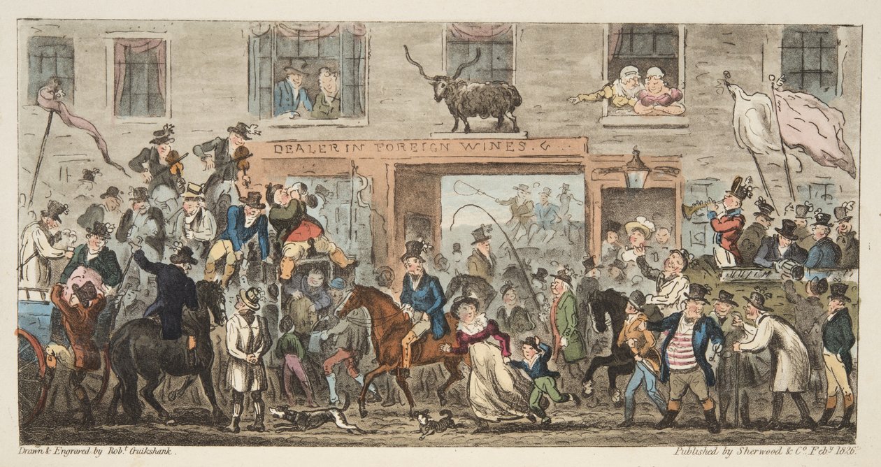 De komische processie uit The English Spy, uitgegeven 1824 Gloucester naar Berkeley, uit The English Spy, uitgegeven 1824 door Isaac Robert Cruikshank