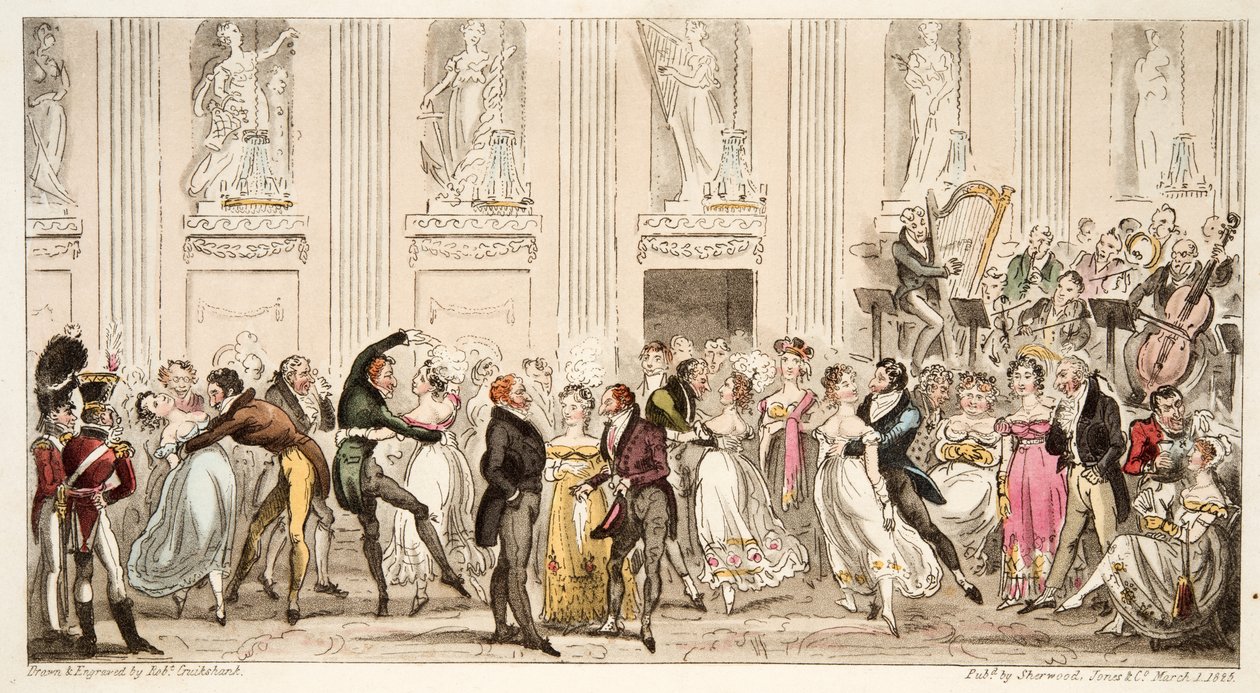 Het bal van de Cyprianen in de Argyle Rooms, uit The English Spy, gepubliceerd 1824 door Isaac Robert Cruikshank