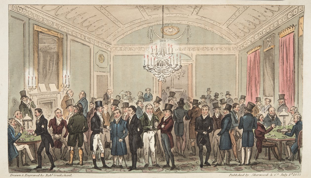 De Grote Abonnementszaal bij Brookes, uit The English Spy, gepubliceerd 1824 door Isaac Robert Cruikshank