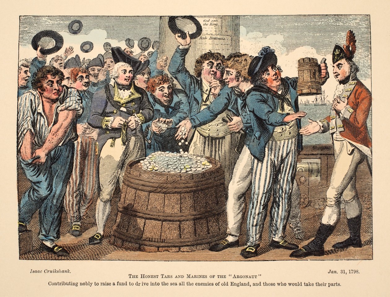 De eerlijke zeelieden en mariniers van de Argonaut, uitgegeven 1798 door Isaac Robert Cruikshank