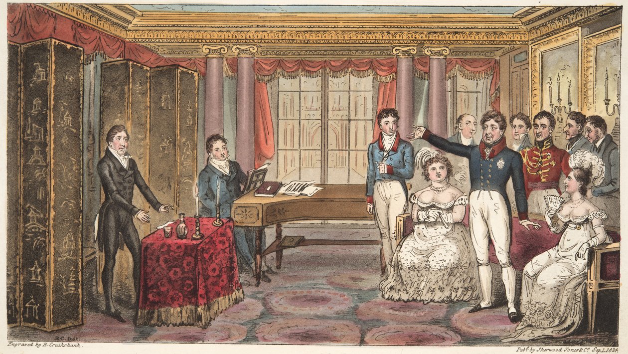 De koning thuis, of Mathews in Carlton House, uit The English Spy, door Charles Westmacott, gepubliceerd 1824 door Isaac Robert Cruikshank