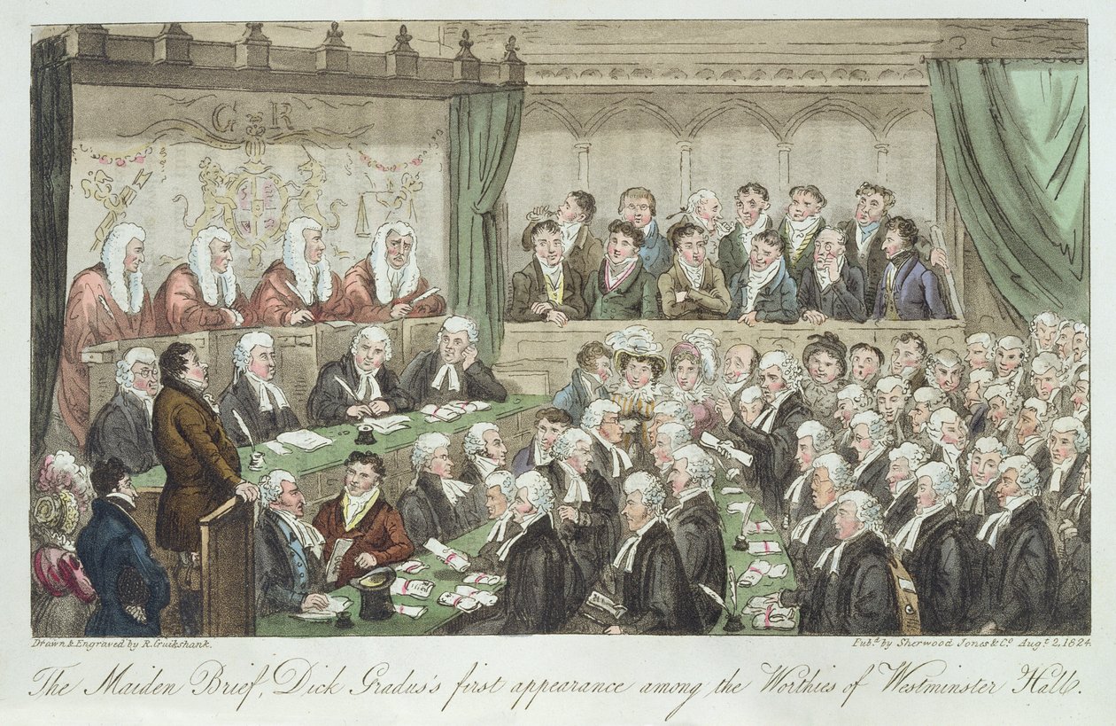 De eerste verschijning van Dick Gradus onder de waardigen van Westminster Hall, gepubliceerd 1824 door Isaac Robert Cruikshank