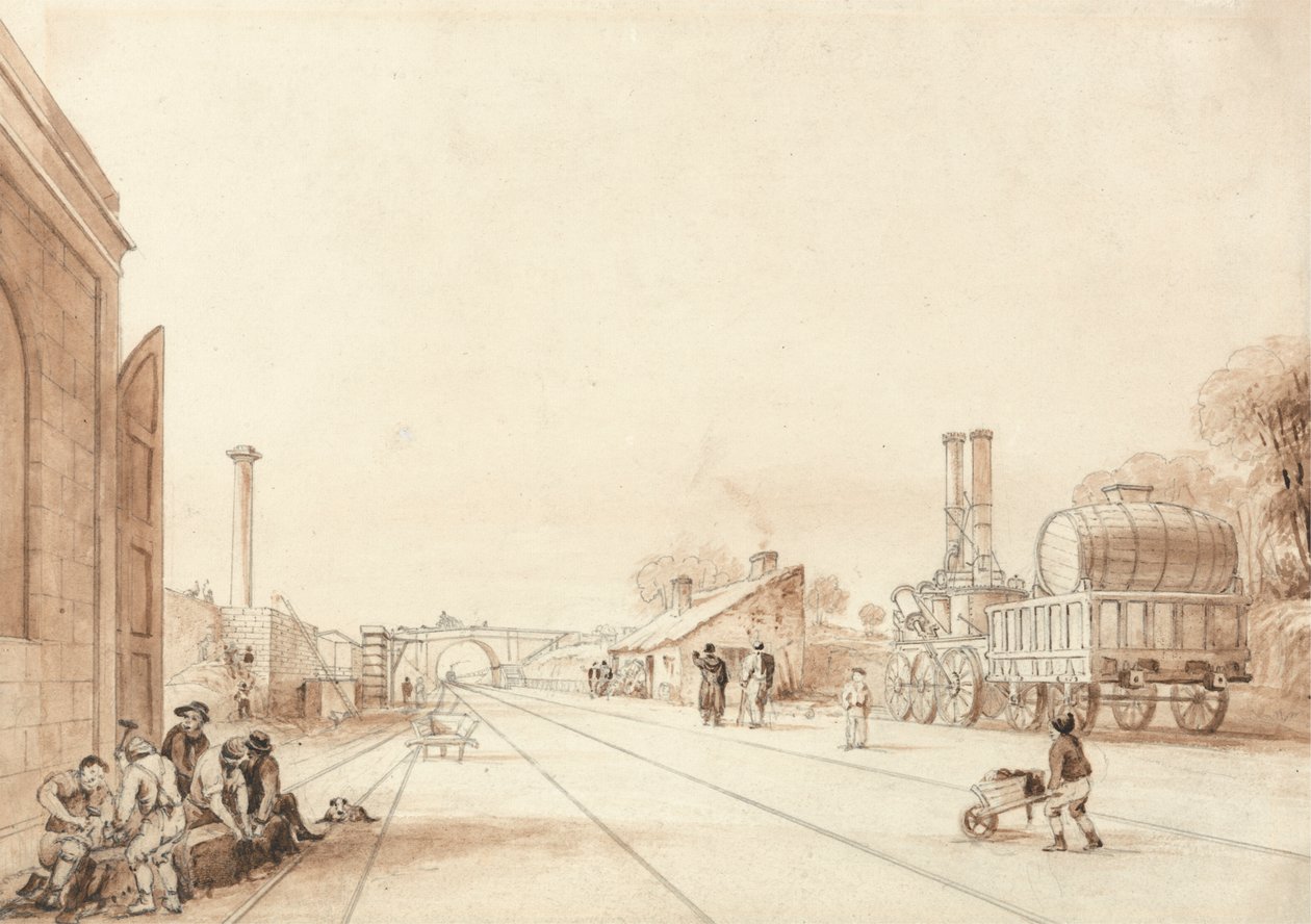 Uitzicht op de Liverpool en Manchester Railway met de locomotief "Twin Sisters" in een zijspoor door Isaac Shaw