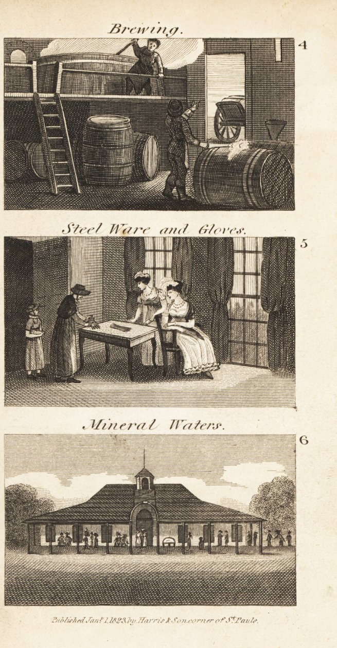 Brouwen, staalwaren en handschoenen, en een mineraalwaterkuuroord in Regency Engeland door Isaac Taylor