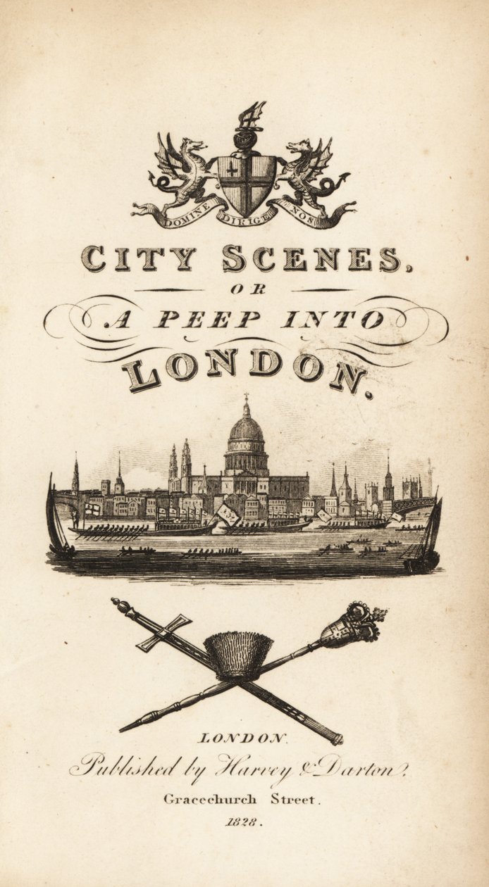 Kalligrafische titelpagina met vignette van de stad Londen met de Sint-Pauluskathedraal door Isaac Taylor