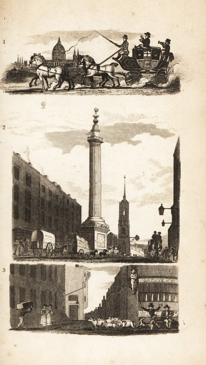 Plattelandsmensen op een postkoets, het Monument en Pie Corner door Isaac Taylor