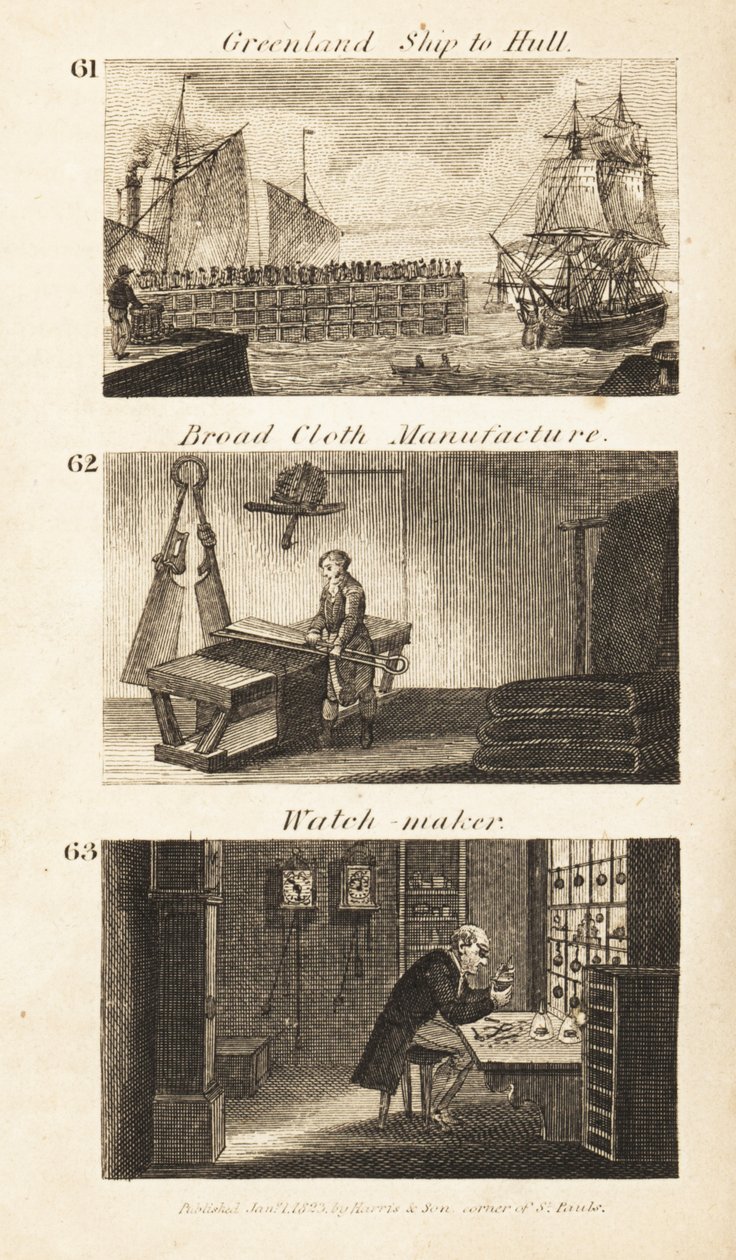 Ambachten in Regency Engeland: Groenlandschip naar Hull, breeddoekfabricage en horlogemaker door Isaac Taylor