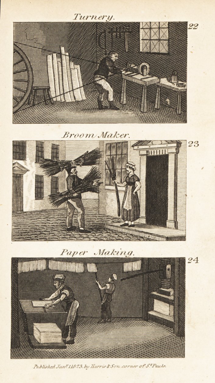 Ambachten in Regency Engeland: Houtdraaierij, bezemmaker en papier maken door Isaac Taylor
