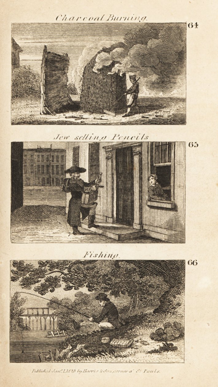 Ambachten in Regency Engeland: houtskoolbranden, Jood die potloden verkoopt en vissen door Isaac Taylor