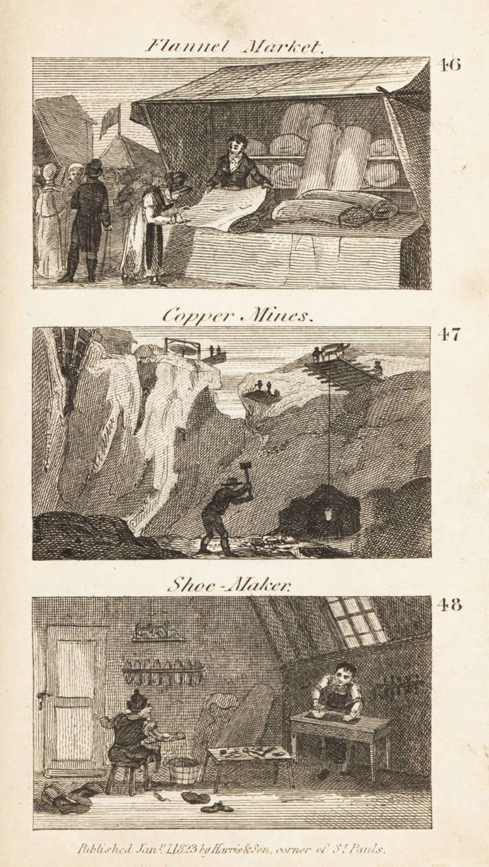 Ambachten in Regency Engeland: flanelmarkt, kopermijnen en schoenmaker door Isaac Taylor