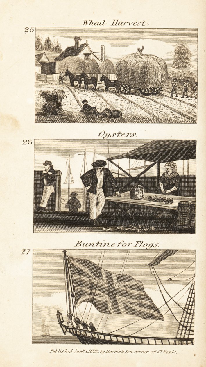 Ambachten in Regency Engeland: tarweoogst, oesters en buntine voor vlaggen door Isaac Taylor