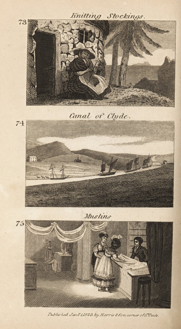 Ambachten in Regency Schotland: breien van kousen, kanaal van Clyde, en mousseline door Isaac Taylor