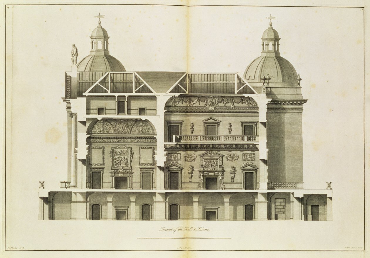 Houghton Hall: doorsnede van de Hal en Salon, gegraveerd door Pierre Fourdrinier, 1735 door Isaac Ware